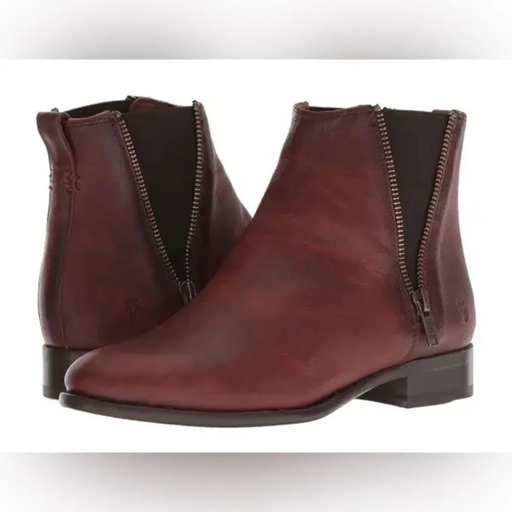 Frye Carly Chelsea Western distressed Bootie in brown with exposed zipper 8 - Picture 3 of 13